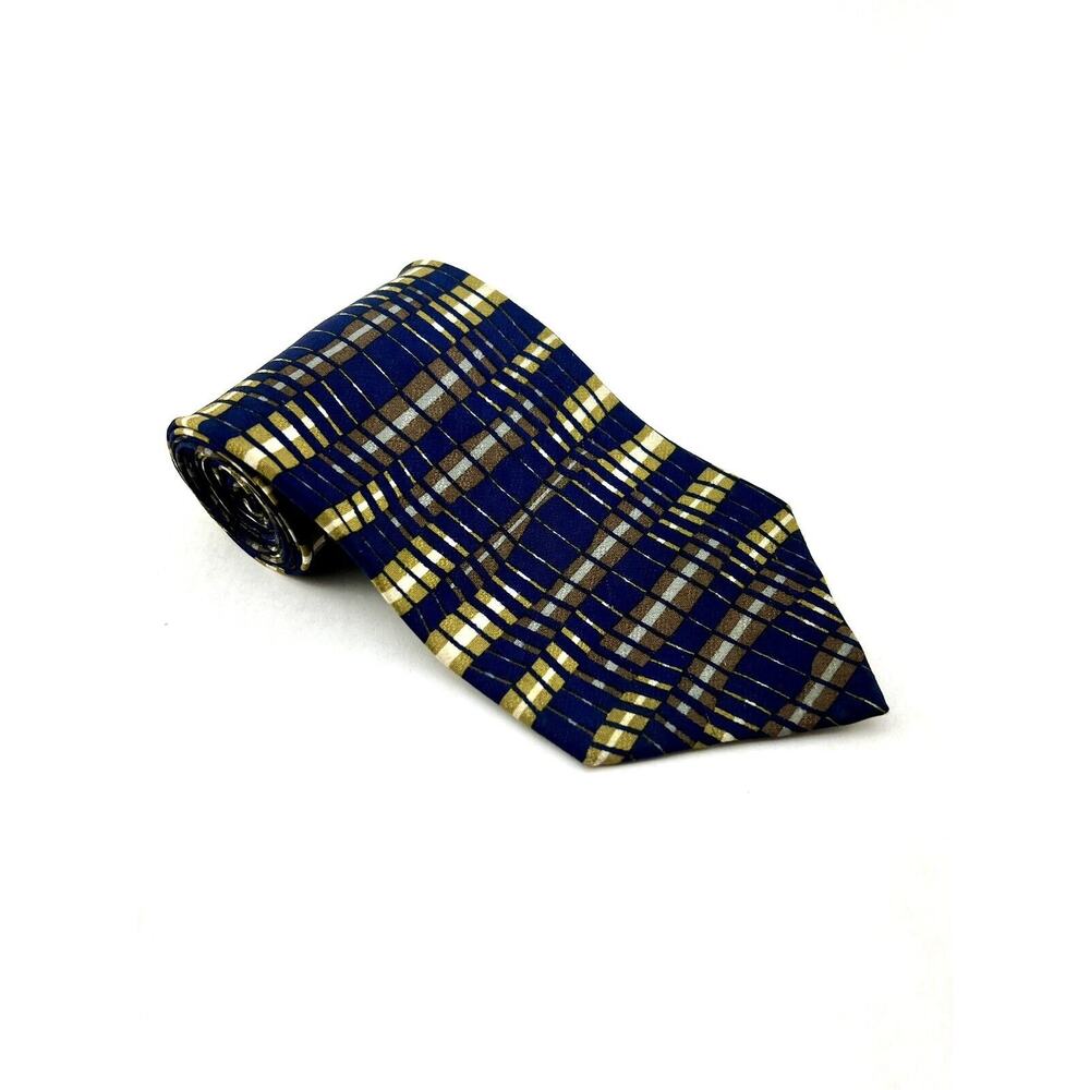Vintage Format 100% Silk Tie Blue Gold Geometric Necktie Mens Art Deco